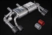 Exhaust system with central silencer replacement pipes, with electric flaps for use with the original actuators, colored anodized tailpipes in black, red, silver* and aluminum outer sleeve, optionally in wicrom black or with carbon outer pipe fits for BMW